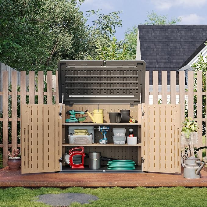 Aoxun Outdoor Storage Cabinet 35 Cu.Ft Outdoor Trash Can Storage Shed,Brown | Waterproof Horizontal Storage Shed Outdoor Storage for Garbage Bin, Generator, and Lawn Mower
