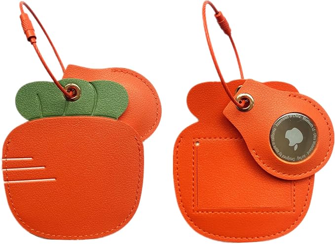 PU Leather Luggage Tag with Airtag Holder Case Set and Name ID Label | Hidden Compartment for AirTag Travel Suitcase Tracking Case with Stainless Steel Loop,Cute Fruit Plant Animals Styles,Carrot