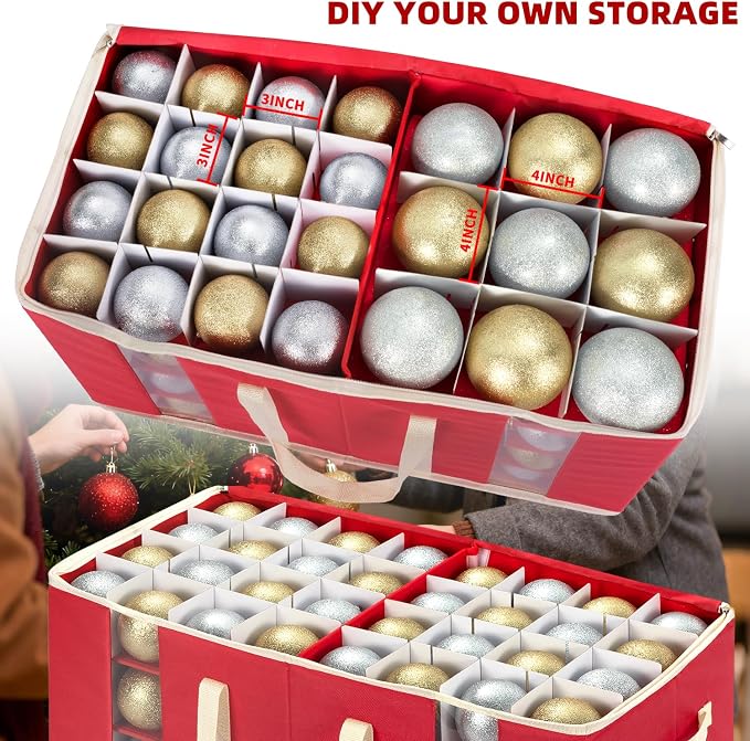 Christmas Ornament Storage Box with Adjustable Dividers, Large Holiday Ornaments Storage Container Bin with Zippered Top for Xmas Decorations (128-3" Balls, Red, Without Tray)