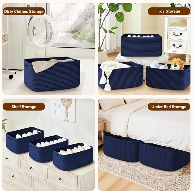 4 Pack Large Storage Basket for Organizing, 17.5"x13"x7" Woven Basket for Shelves, Closet Cube Storage Bins with Wrapped Handle, Cotton Rope Baskets for Kitchen, Clothes, Toys(Navy Blue)