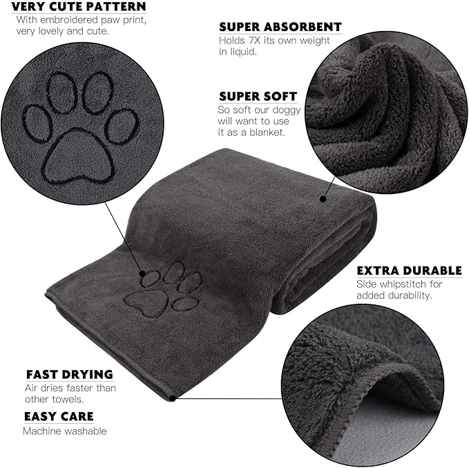 KinHwa Dog Towel Super Absorbent Pet Bath Towel Microfiber Dog Drying Towel for Small, Medium, Large Dogs and Cats 30inch x 50inch Dark-Gray