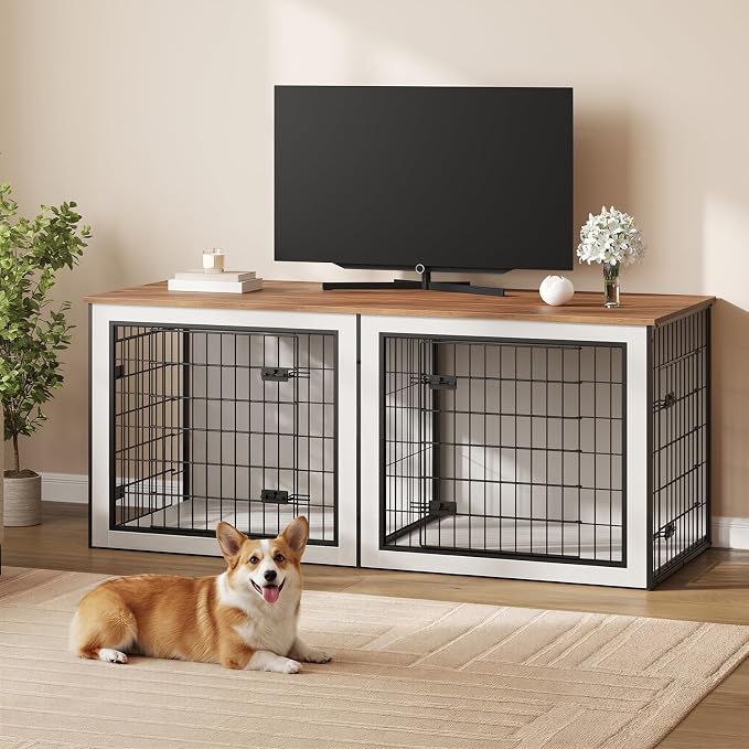 HOOBRO Dog Crate Furniture for 2 Dogs, 63" Large Double Dog Crate Furniture with Divider, Wooden Indoor Kennel TV Stand for Medium Large Dogs, White and Walnut WH55GW03