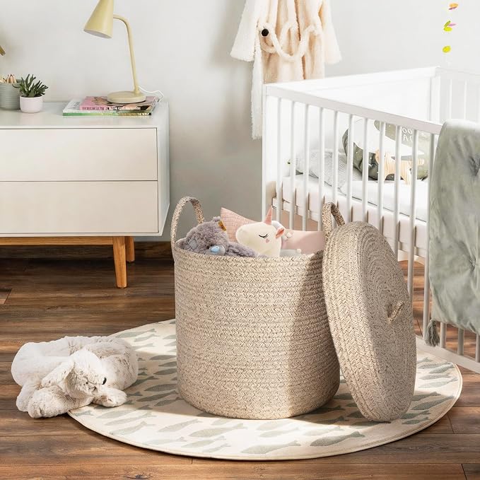 15”x13” Storage Basket with Lid, Blanket Storage for Living Room, Woven Cotton Rope Bin with Cover, Kids Dog Toy Box, Baby Laundry Basket with Lid, Covered Blankets Pillows Holder, Brown