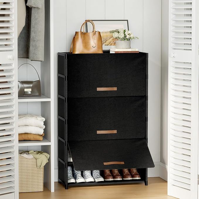 7 Tier Shoe Cabinet with Door, 28-Pair Storage, Black | Tall Design Saves Floor Space, Door Blocks Dust & Pets, Holds Heels to Boots, Quick Assembly with Connectors