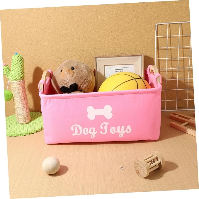 Zerodeko Pink Felt Dog Storage Bin with Handle Large Sundries Organizer for Pet Food Clothes Spacious Pet Holder Box to Keep Accessories Neat and Portable