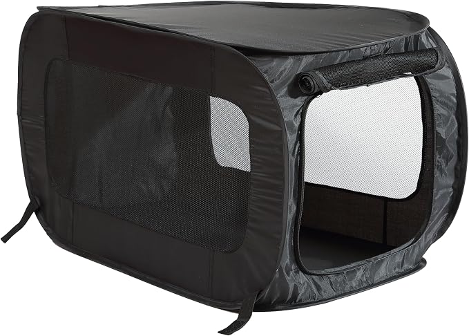 Portable Collapsible Pop Up Kennel, 24"L x 16.6"W x 16"H, Black | Collapsible indoor/outdoor travel cat and dog crate with mesh screen windows pops up and folds flat for easy storage