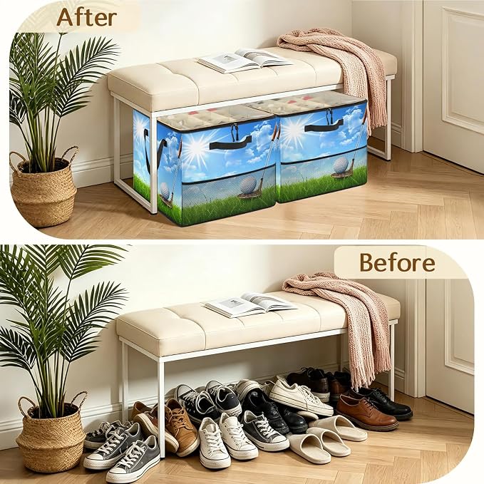 TropicalLife Sports Golf Ball Shoe Organizer for Closet | Foldable Shoe Storage Box Bin 16-32 Pair Shoe Storage for Sneakers, Boots & Heels with Adjustable Dividers, Clear Cover