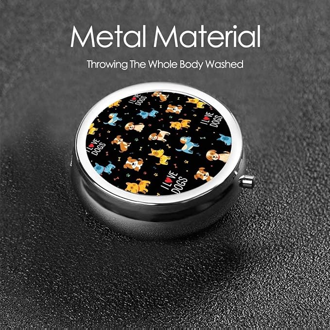 Compact Pill Container, Round Mini Box with Mirror, Travel Organizer for Supplements, Pocket Purse Holder for Daily Routine, Doodle Pets Dog Black