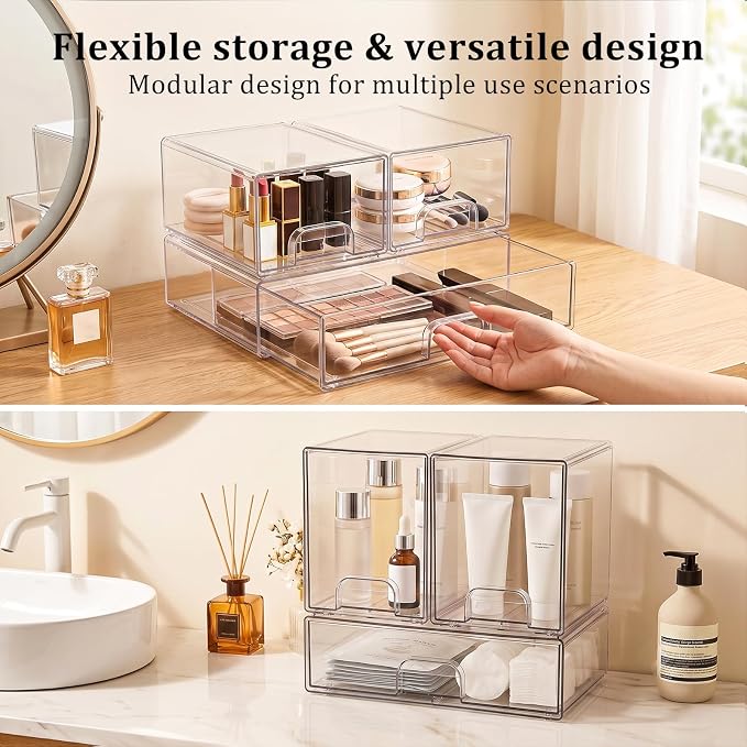 Clear Stackable Storage Drawers: Acrylic Organizer Bins 6 Pack | for Baby Bottle makeup Ideal for Countertop, Vanity, Station, Bathroom, Kichen Cabinet Pantry Organization