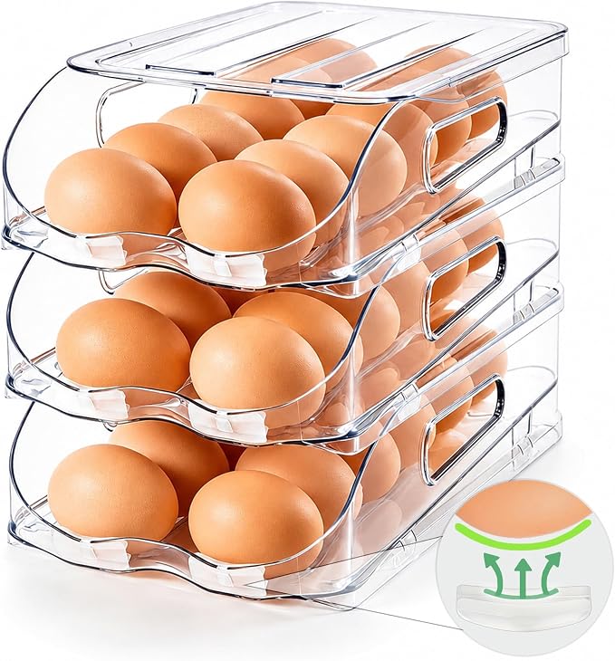SMRCAD 36-Egg Dispenser with Silicone Bumpers, Auto-Rolling, Stackable | BPA-free food-grade PET | Stackable with lid | Built-in handle | Fits Large to Jumbo Eggs | Hand wash only
