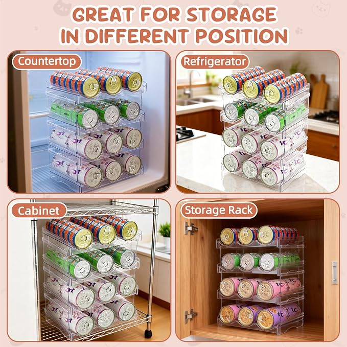 FHTONGE 4-Tier Heavy-Duty Transparent Cat Can Organizer for Multiple Sizes | Wet Cat Food Storage Rack for Pantry Kitchen Cabinet Rridge, Pet Canned Goods Dispenser Shelf Dog Tins Holder Container