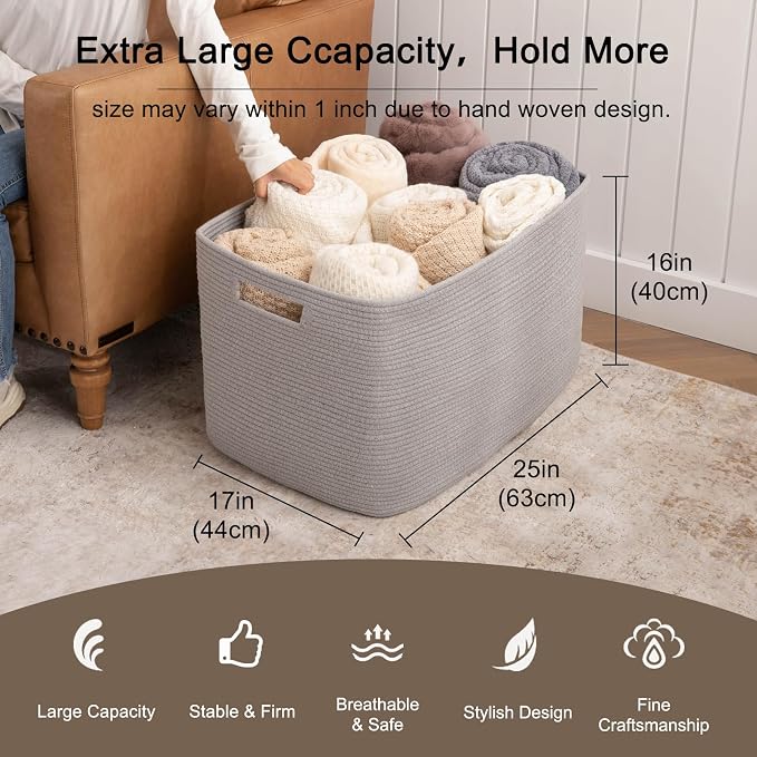OIAHOMY 118L XXXLarge Rope Storage Basket, Oversized Blanket Basket Grey | 25" x 17" x 16" Used for Organizing Dirty Clothes in Living Room, Bedroom, Nursery, Extra Large Basket,Dog Toy Storage Bins