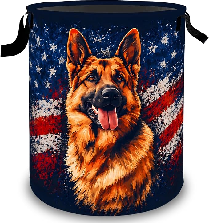 German Shepherd Flag Laundry Basket Hamper, Organizer Bins Gifts for Women Kids, Patriotic Foldable Dog Waterproof Clothes Hamper Handles Storage Bucket for Bedroom Bathroom Room Decor 19.7"x15.7"