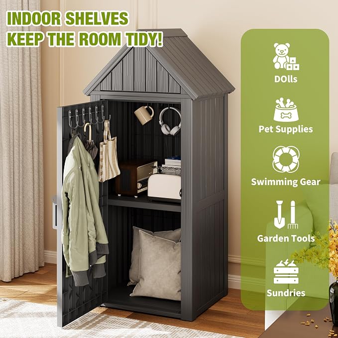 Vertical Outdoor Storage Shed, Waterproof Resin Outdoor Storage Cabinet with Removable Shelves & 12 Hooks, Lockable Small Tool Shed for Garden, Backyard, Patio, Pool, Gray