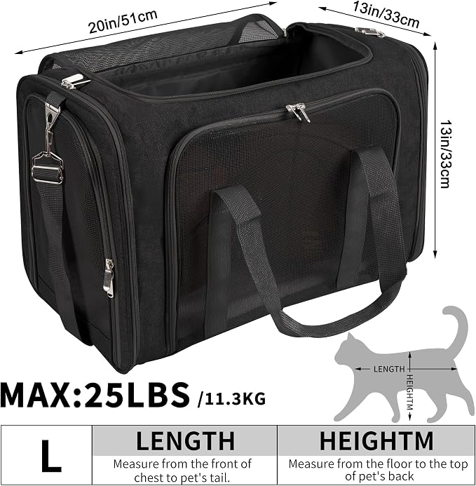 Soft-Sided Cat/Dog/Pet Carrier, Collapsible Pets Travel Carriers | For Big Cats/Small Dogs with Shoulder Strap & Removable Mat, Mesh Puppy Carry Bag, Up to 25 Lbs, TSA Airline Approved(Black)