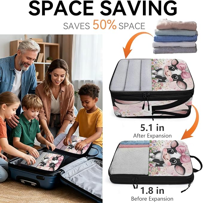 Cute 6 Set Compression Packing Cubes Cow Expandable Packing Organizer for Travel Accessories Luggage Suitcase Bag