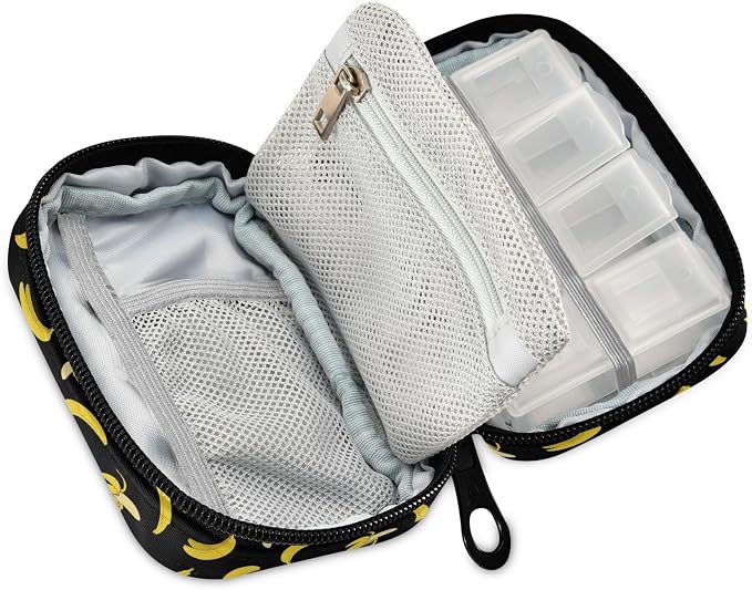 Ollabaky Yellow Banana Pill Organizer Travel Pill Cases Bag Portable Pill Container 7 Days Pill Box Organizer Vitamin Supplement Holder with Zipper for Family Business