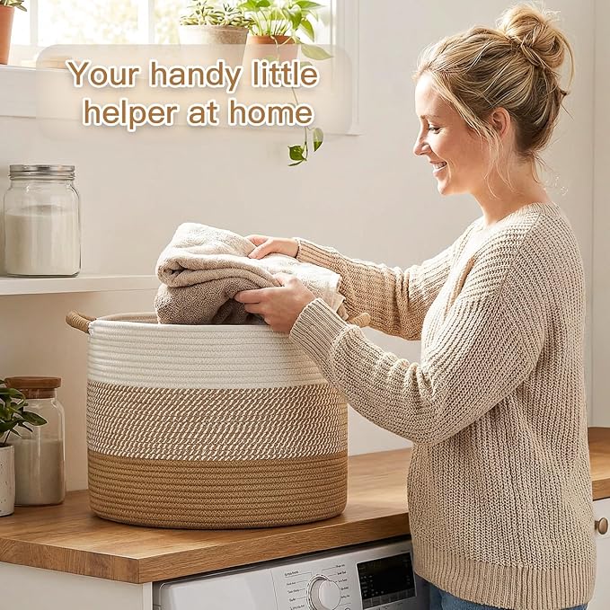 Artfeel 40L Large Cotton Rope Basket, Decorative Woven Blanket Storage for Living Room, Boho Toy Storage & Toy Box for Kids, Versatile Laundry Basket & Nursery Hamper for Blankets(Brown)