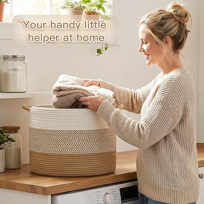 Artfeel 70L Large Cotton Rope Basket, Decorative Woven Blanket Storage for Living Room, Boho Toy Storage & Toy Box for Kids, Versatile Laundry Basket & Nursery Hamper for Blankets(Brown)