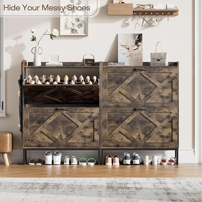 Shoe Cabinet with 2 Flip Drawers, Entryway Organizer, Chestnut | Slim Wood Shoe Rack with Metal Legs, Farmhouse Shoe Cabinet Storage for Entryway, Foyer, Hallway, Shoe Dresser with Hook
