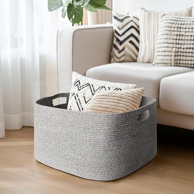 75L Large Storage Basket, 22”x17”x12” Blanket Storage for Living Room, Rectangle Woven Kids Toy Bin Box, Baby Laundry Basket, Cotton Rope Bin for Shoes Towels Stuffed Animals, Gray