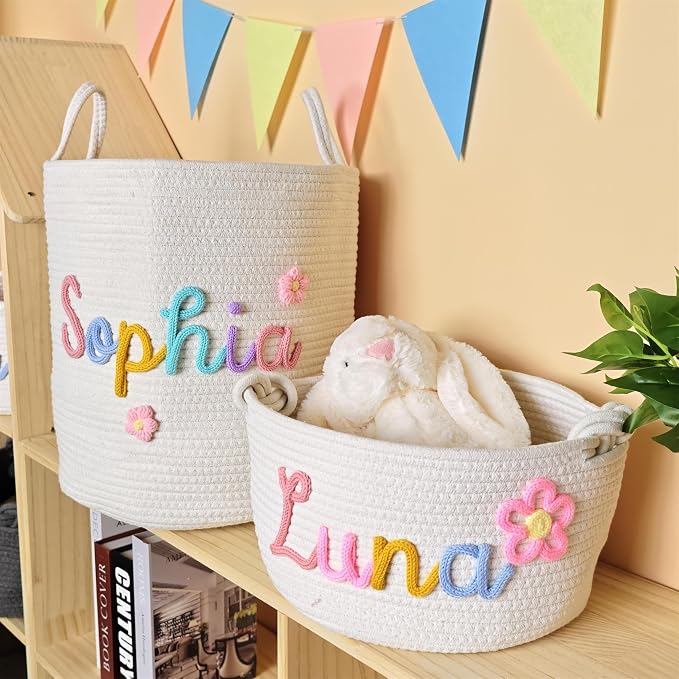 JUPPE Pet Dog Basket with Personalized Name, Dog Toys Storage Organizer Custom Cotton Rope Basket Nursery Decor (XL Basket)