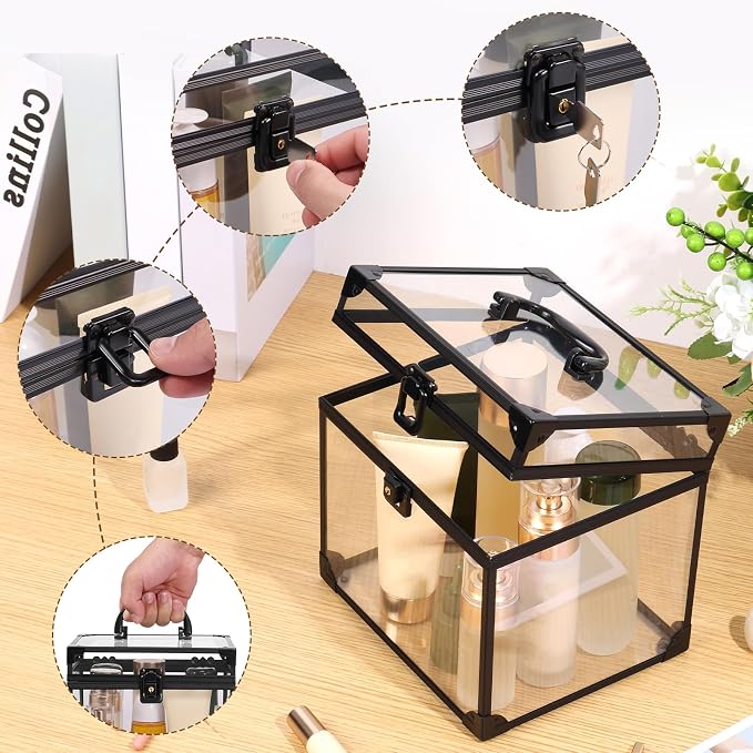 Makeup Organizer, Clear Makeup Train Case Cosmetic Box, Clear Crown Box Portable Cosmetics Toiletry Organizer Box Jewelry Storage Makeup Storage Box w Padlock and Keys for Vanity Bathroom