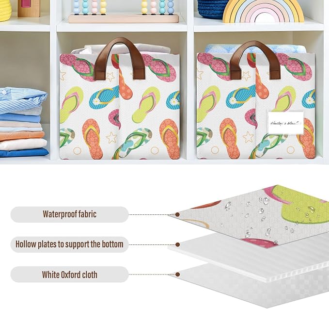 Beach Star Flip Flops Summer Slipper Storage Bins for Shelves with Labels&Handles Fabric Organizer Bin Foldable Rectangle Storage Basket Boxes for Closet, Bathroom, Home, Living Room, 2 Pack