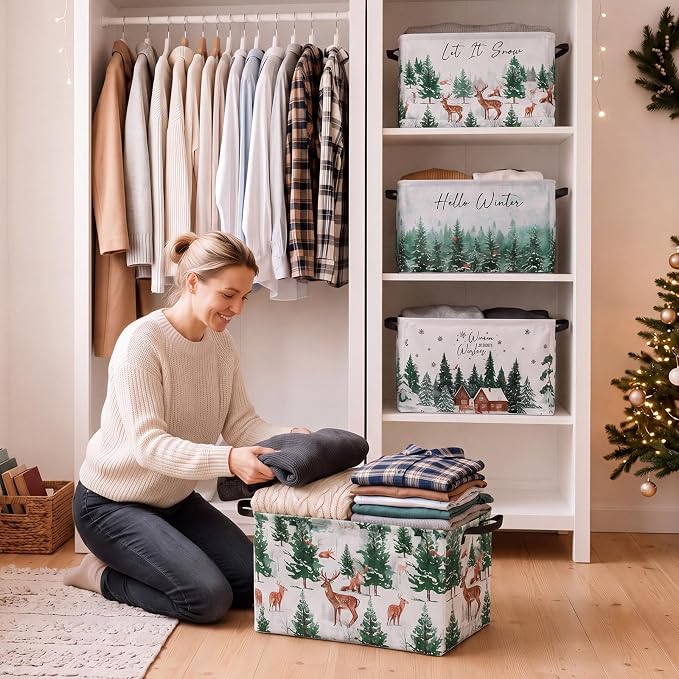 4 Pcs Christmas Storage Basket for Gifts Empty Large Christmas Forest Elk Storage Bins 15 x 10 x 8 Fabric Laundry Baskets with Handle Winter Wonderland Collapsible Organizer Boxes for Toy Book