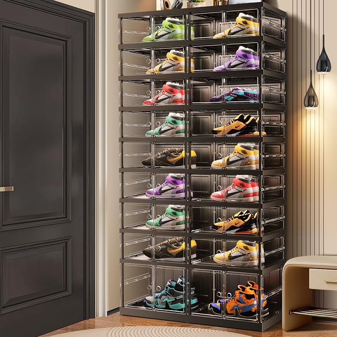 CIMLORD 9-Tier Foldable Shoe Rack, Magnetic Clear Doors, 36 Pairs, Black | Collapsible Large Plastic Shoe Cabinet, Stackable, Lidded, Tool-Free Assembly, Fits Boots & Sneakers, Closet & Entryway