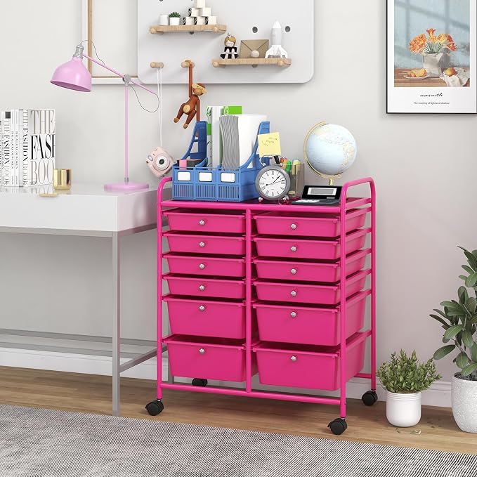 12 Drawer Rolling Storage Cart, Art Cart Organizer on Wheels, Mobile Utility Cart with Drawers, Multipurpose Craft Drawers for Home Office School Classroom (Hot Pink)