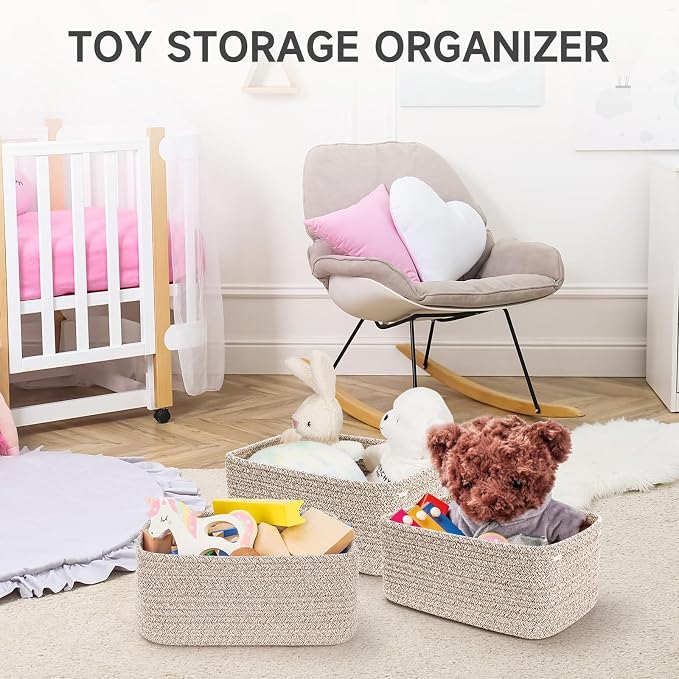 3 Pack Small Storage Baskets for Organizing, 11.8×7.8×5.1", Mixed Brown | Woven Baskets for shelves, Cotton Rope Basket for Gifts Empty, Closet Organizer Bins with Handles, Cube Decorative Box