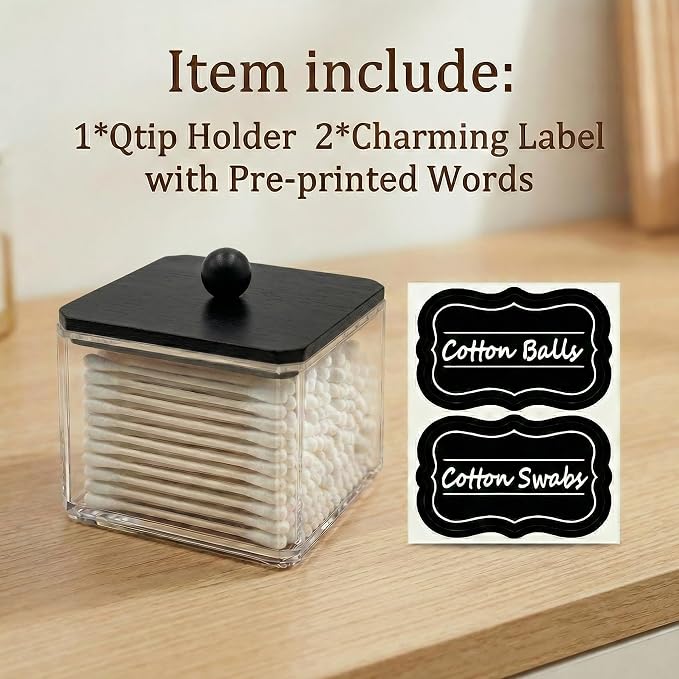 SheeChung 1 Pack Square Acrylic Qtip Holder with Black Wood Lid | Qtip Holder for Bathroom - Clear Apothecary Jar for Cotton Balls, Pads, Flossers, Farmhouse Bathroom Vanity Organizer