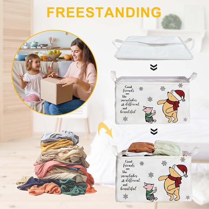 Winnie Theme Christmas Nursery Decor,the Pooh Christmas Gift,Large Canvas Laundry,Hamper Winnie Baby Stuff with A Waterproof PE Coating,Foldable Toys Bin