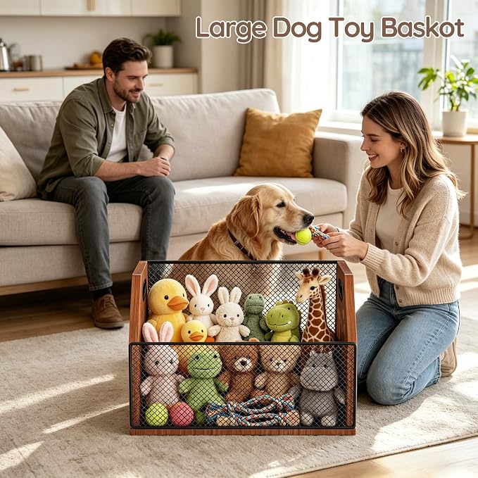 Dog Toy Basket, Chew-Proof Dog Toy Box, Wooden Pet Toy Storage | Spacious Toy Storage Bin for Pet Toys, Treats & Home Supplies, Toy Box for Living Room