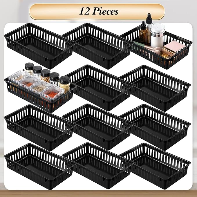 Wenqik Set of 12 Small Plastic Baskets for Organizing, Black