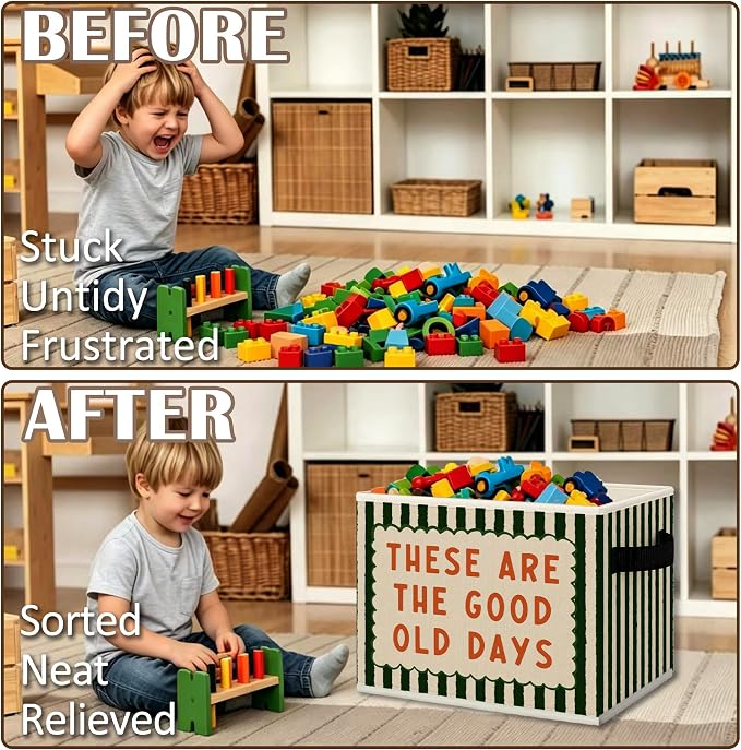 Inspirational These Are Good Old Days Cube Storage Bins with Handles, Green Striped Motivational Collapsible Fabric Storage Basket Boxes Books Clothes Organizer for Bedroom Bathroom