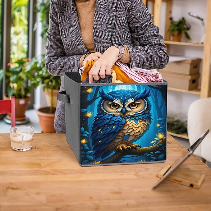 Moonlit Owl Foldable Storage Bins, 10.6" Cube Storage Organizer, Sturdy Oxford Cloth Fabric Baskets for Closet, Shelf, Nursery, Bedroom, Decorative Printed Box for Toys & Clothes