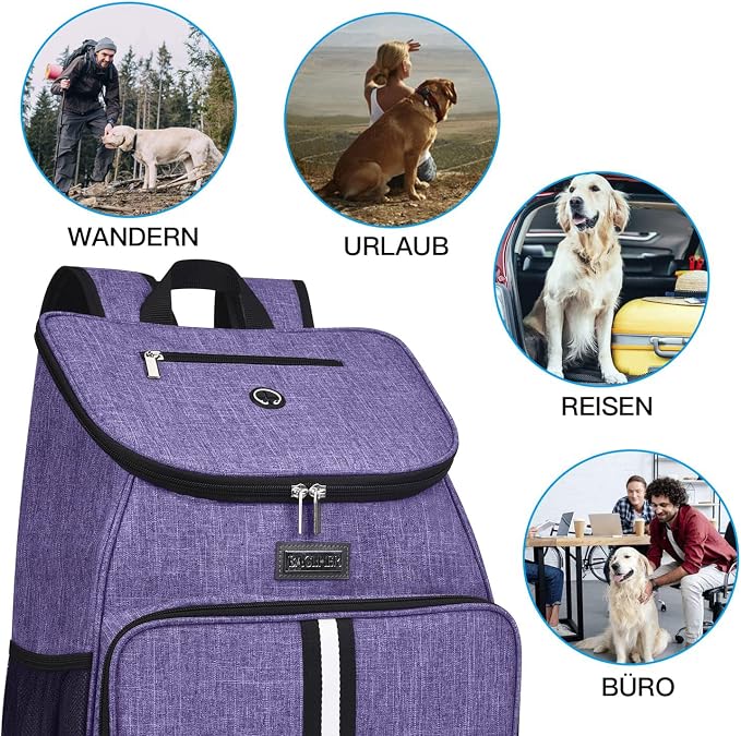 BAGLHER丨Dog Travel Bag, Airline Approved Pet Supplies Backpack, Dog Travel Backpack Accessories Set with 2 Silicone Collapsible Bowls and 2 Food Baskets. Purple