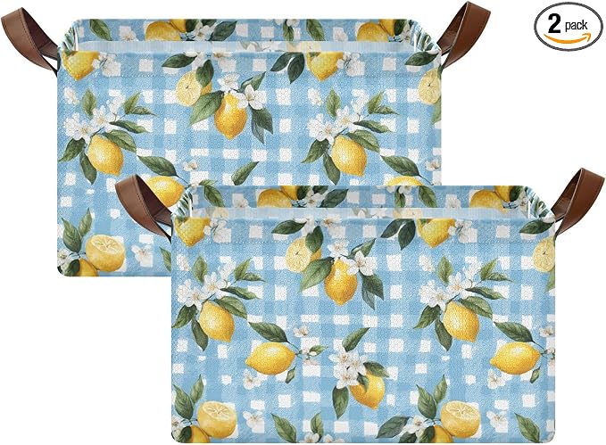 Light Blue Checkered Floral Lemon Storage Basket Foldable Cube Storage Bins with Handles&Label Waterproof Organizer Box Bin Large Rectangle Decorative Baskets for Shelves Home Room Laundry, 2 Pack