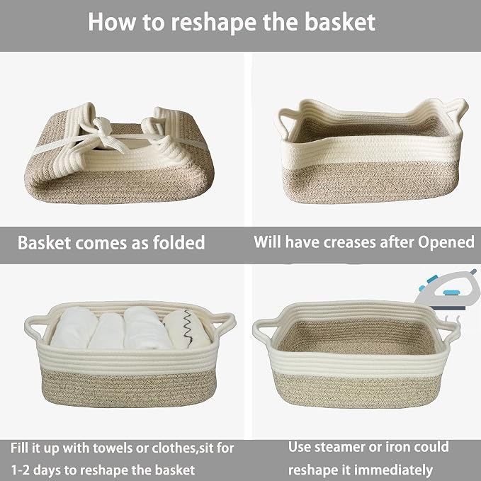 XUANGUO Medium Woven Cotton Rope Storage Basket with Handles | Small decorative rectangle storage bin for baby nursery items and cat toys; ideal as an empty gift basket or dog toy basket