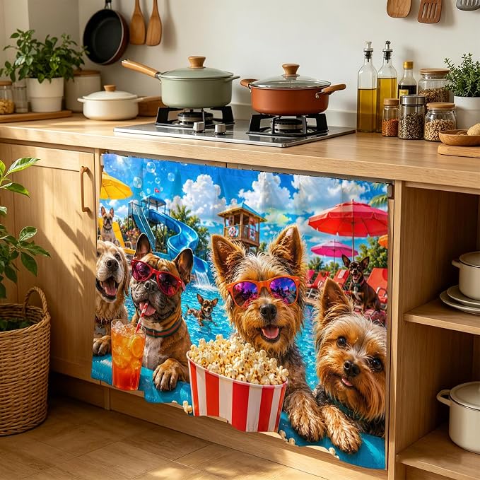 Summer Dog Cabinet Dishwasher Hidden Curtains, Privacy Closet Door Curtain, Summer Fantasy Pets Juice Popcorn Pool Country Adhesive Dust Proof Under Sink Skirt for Bathroom Kitchen 35"x35"