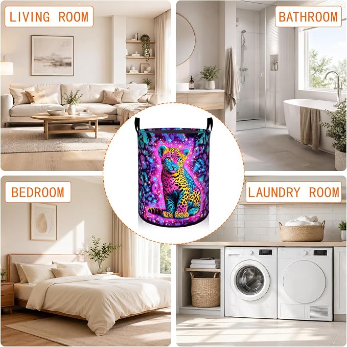 Neon Leopard Laundry Basket, Vibrant Colorful Wild Cat Oxford Cloth Dirty Clothes Collapsible Hamper for Room Decor, Jungle Gifts, Toy Organizer 19.7 x 15.7 Inches for Bedroom Bathroom Dorm
