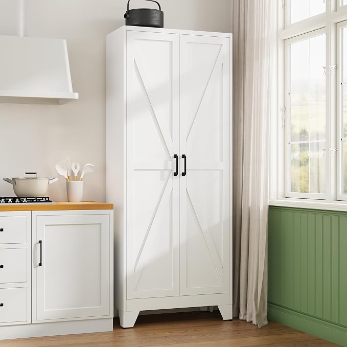 75" H Metal Storage Cabinet with 2 Doors and 4 Shelves,Tall Kitchen Pantry Cabinets,Farmhouse Utility Pantry Organizers for Cupboard/Dining/Bathroom/Home Office/Garage,White