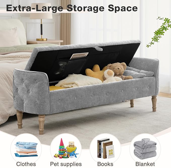 67"End of Bed Storage Bench King Size,Upholstered Bedroom Bench,Grey | Linen Storage Bench for Bedroom End of Bed ,2 Cushion, Vintage Wood Legs ,Tufted,Storage Ottoman Bench for Entryway Window