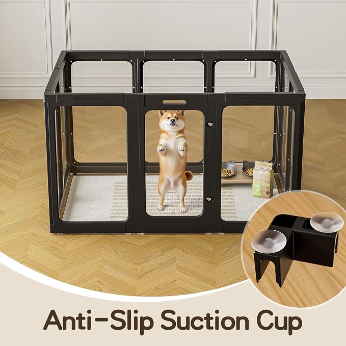 Jalove 30" H Clear Dog Playpen Acrylic Puppy Playpen Indoor, Easy Assemble Rabbit Ferret Pet Play Pen with Door, Plastic Dog Fence Kennel Whelping Cage Enclosure Black 2PCS