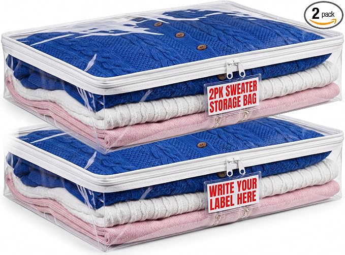 Masirs Clear Sweater Storage Bags 2-Pack – Zippered Vinyl Organizers with Label Pocket, Durable Dustproof Clothing Storage for Sweaters, Blankets, Linens, Underbed & Closet Use