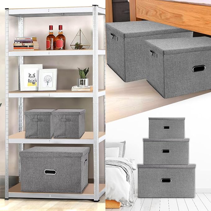 Large Linen Fabric Foldable Storage Bins with Removable Lid and Handles, Washable Storage Box Organizer Containers Baskets Cube with Cover for Bedroom,Office(Pink, XXL(2-Pack))