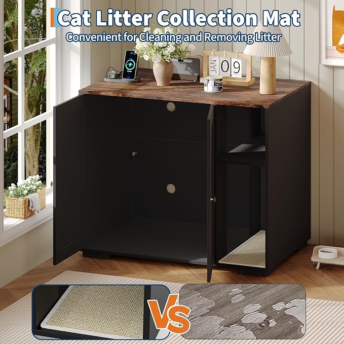 Large Robot 4 Litter Box Enclosure Cabinet with Built-in Power Outlet | Automatic Self‑Cleaning Litterboxes Furniture, Dog‑Proof Shelf, Robot Cabinet for Litter Box Black