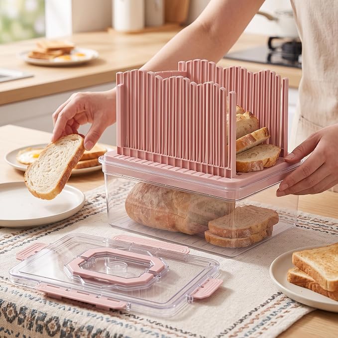 VECELO 2‑in‑1 Bread Slicer & Airtight Bread Storage Box with Handle, Plastic Bread Container with Lid for Keeping Fresh, Ideal for Bread, Cake, Buns,Pink